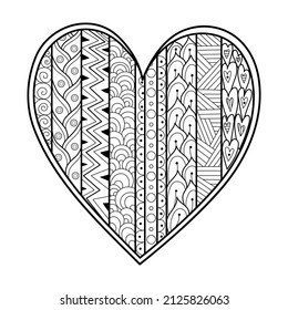 Doodle heart in zentangle style coloring page. Black and white love pattern for antistress coloring book. Valentine’s Day mandala. Vector illustration