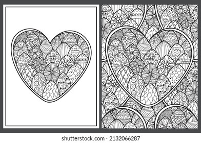 Doodle heart in zentangle style coloring pages set in US Letter format. Black and white love pattern for antistress coloring book. Valentine’s Day mandala. Vector illustration