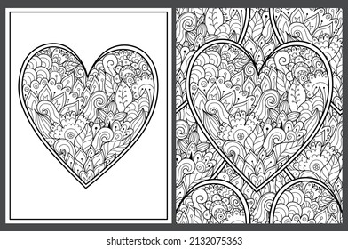 Doodle heart in zentangle style coloring pages set in US Letter format. Black and white love pattern for antistress coloring book. Valentine’s Day mandala. Vector illustration