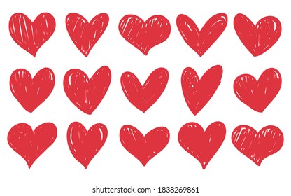 Doodle hearts big collection. hand drawn red love heart. vector illustration  
