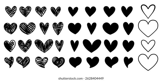 Doodle corazones gran conjunto, colección de corazón de amor dibujado a mano. Ilustración vectorial plana, lineal, de eclosión.