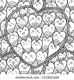 Doodle hearts black and white seamless pattern for coloring book with cute characters. Kawaii outline background. Cute coloring page for adults and kids. Vector illustration