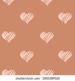 Doodle hearts brown seamless pattern. Coffee milk texture. Vector hand drawn illustration.