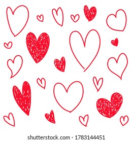 Doodle Hearts, a collection of colored, hand drawn love hearts. Vector illustration.