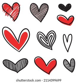 Doodle Hearts, una colección de corazones de amor colorados, dibujados a mano. Ilustración vectorial.