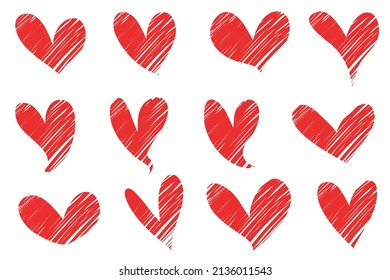 Doodle Hearts, a collection of colored, hand drawn love hearts. Vector illustration.