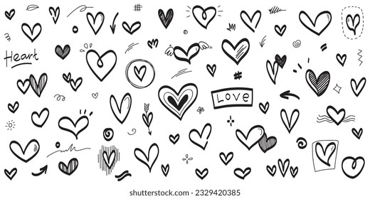 Doodle Hearts, a collection of colored, hand drawn love hearts. Vector illustration.