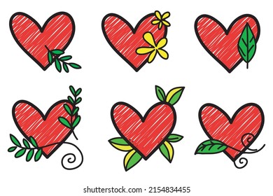 Doodle Hearts, a collection of hand drawn colorful love hearts. Vector illustration.
