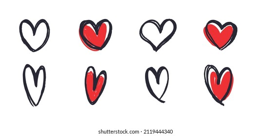 Doodle hearts collection. Set of hand drawn vector heart illustrations. Valentine's day love design elements.