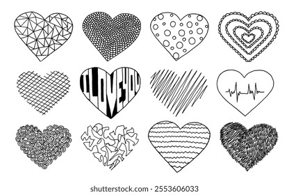 Doodle hearts collection. Set of hand drawn love symbol, freehand style vector illustration. 
