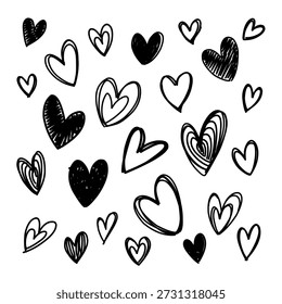 Doodle hearts drawn by hand. Grunge scrawls, Hand drawn love symbol collection. Grunge illustrated heart set.