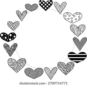 Doodle corações Quadro círculo quadrado Dia dos Namorados. Ilustração em preto e branco com linhas gráficas vetoriais. Banner romântico. Para cartaz, convite, pano de fundo, anúncio, promoção de venda, imprimir para camiseta
