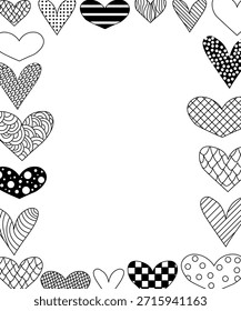 Corazones Doodle Rectángulo de marco Día de San Valentín. Vector gráfico línea ilustración en blanco y negro. Signo de la silueta para el logotipo, impresión, cómics, moda, arte pop, tableros, diseño, pegatinas, decoración, carteles

