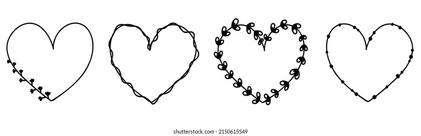 Doodle hearts frames set love hand drawn. Valentines day for wedding isolated plant, branches collection.