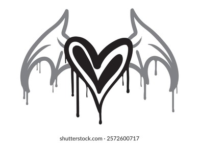 Doodle Hearts, hand drawn bat winged love heart image. Vector illustration.