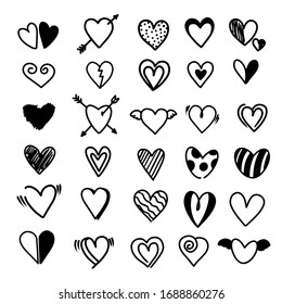 Doodle hearts. Hand drawn line heart isolated for Valentine's day. Vector illustration of handmade hearts set of design elements.