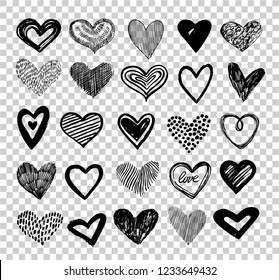 Doodle hearts. Hand drawn love heart icons. Scribble sketch valentine grunge hearts vector elements isolated on transparent background