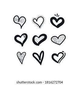 Doodle hearts, hand drawn love heart collection. Symbol of love.