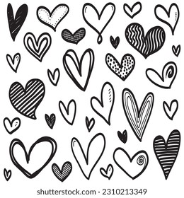 Doodle Hearts, handgezeichnete Liebesherzen. Vektorgrafik.