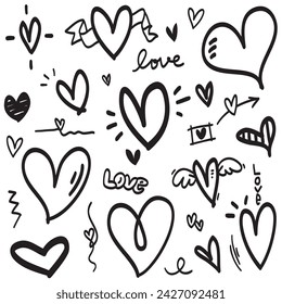 Doodle Hearts, corazones de amor dibujados a mano. Ilustración vectorial.