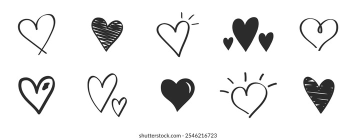Doodle hearts icon set. Hand drawn heart icons. Love heart symbol collection. Outline vector hearts. Vector illustration.