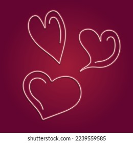Doodle hearts. Neon sign in the form of a heart. Neon lights. Bright icon for social networks, sites, greeting cards and stationery. Valentine's Day. Romantic icon.