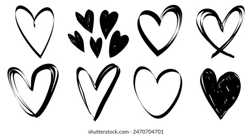 Corazones de garabato en el set. estilo dibujado a mano. símbolo de amor. Ilustración vectorial