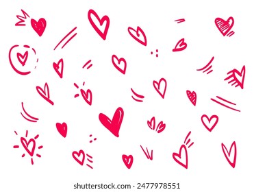 Corazones de garabato en el set. estilo dibujado a mano. símbolo de amor. Ilustración vectorial