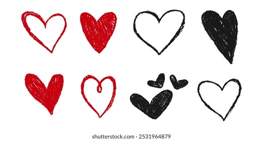 Corazones de Doodle en el set. estilo dibujado a mano. símbolo de amor. Ilustración vectorial