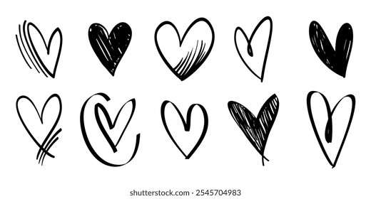 Corazones de Doodle en el set. estilo dibujado a mano. símbolo de amor. Ilustración vectorial