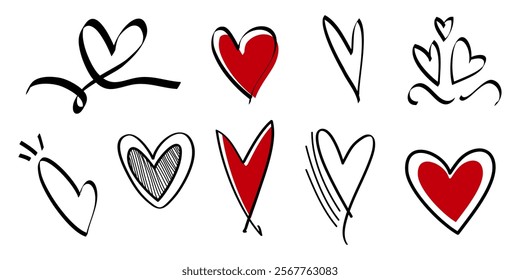 Doodle hearts on set. hand drawn style. love symbol. vector illustration