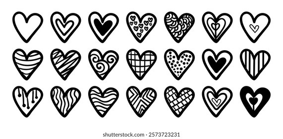 Doodle hearts on set. Hand drawn style. Love symbol vector illustration. Doodle heart collection