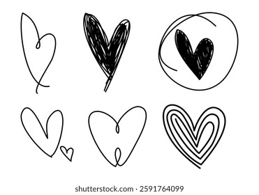 Doodle hearts on set. hand drawn style. love of symbol. vector illustration