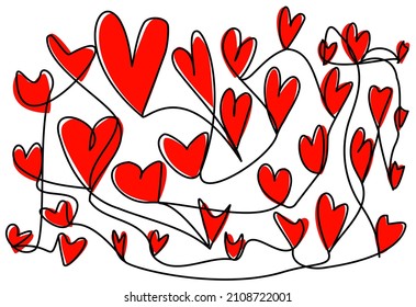 Doodle hearts in one line with a red shape on a white background. Cute vector illustration for Valentine's Day design.