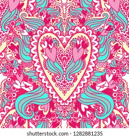 The doodle hearts pattern with different elements. Freehand sketch drawing of doodle hearts. Love background in pink and yellow colors