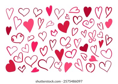 Doodle hearts in pink and red set. Hand drawn love element for Valentine day poster banner card cover. Cute romantic decoration
