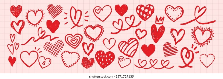 Doodle hearts in red, various styles. Heart shapes, heart patterns, and heart designs fill the image. Playful heart illustrations on a grid background. Cute hand drawn Valentine's Day vector set.