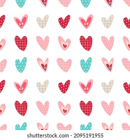 Patrón sin problemas de Doodle Hearts. Textura de corte para el diseño de tejidos para bebés y papel pintado, paquete de dulces, papel de envoltura, fondo, saludo del día de Boda y San Valentín y decoración de tarjetas de invitación