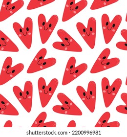 Doodle hearts seamless pattern. Hand drawn cute red hearts with faces on white. Romantic design in cartoon flat style for wallpaper, textile, invitation card, wrapping, web page. Vector illustration.