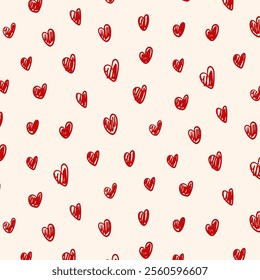 Doodle hearts seamless pattern, hand drawn love red heart collection. Valentine's day romantic holiday abstract background for card design. Vector texture.