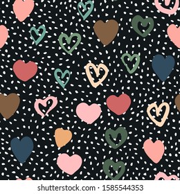 Doodle hearts seamless pattern on polka dot background. Valentines Day backdrop. 14 february wallpaper. Design for fabric, textile print, wrapping paper, children textile. Vector illustration
