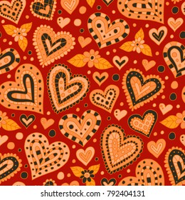 Doodle hearts seamless pattern. Valentines day background design.