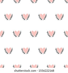 Doodle Hearts seamless vector background hand drawn. Pink heart shapes between leaf branches. Use for Valentines day, card decoration, fabric, wallpaper, packaging, gift wrap