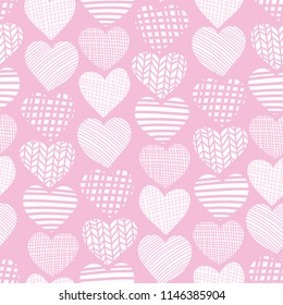 Doodle hearts seamless vector pattern. White hearts on pink background. Textured hearts backdrop. Hand drawn shapes endless background. Graphic hand drawn illustration girl, Valentines day. Baby girl