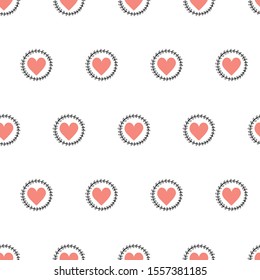 Doodle Hearts seamless vector pattern hand drawn. Pink heart shapes in leaf branch circles. Use for Valentines day, card decoration, fabric, wallpaper, packaging, gift wrap