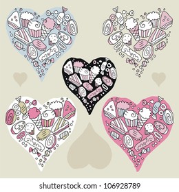 Doodle hearts set with cookies and sweets