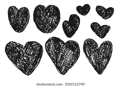 Doodle hearts set. Crayon romantic elements. Love signs grunge icons. Textured wax markers date symbols. Vector heart shapes drawn by pencil or chalk illustration isolated on white background.