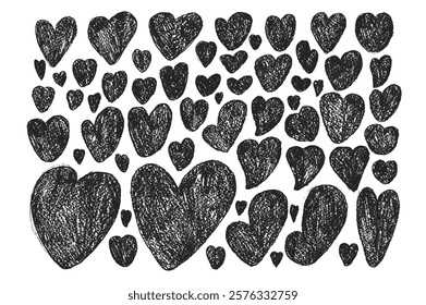 Doodle hearts set. Crayon romantic elements. Love signs grunge icons. Textured wax markers date symbols. Vector heart shapes drawn by pencil or chalk illustration isolated on white background.