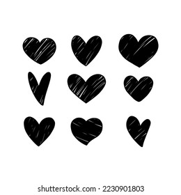 Doodle hearts set, hand drawn love black heart collection. Vector isolated on white background. Valentine's day