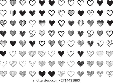 Doodle Corazones Set Dibujado A Mano Grunge Textura Amor Símbolos Colección